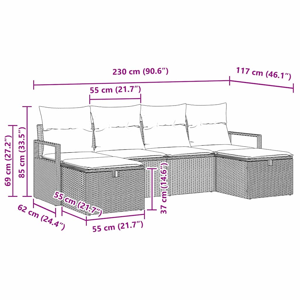 Sofa Sæt 6 stk. 6-Antal sæder Grå polyrattan