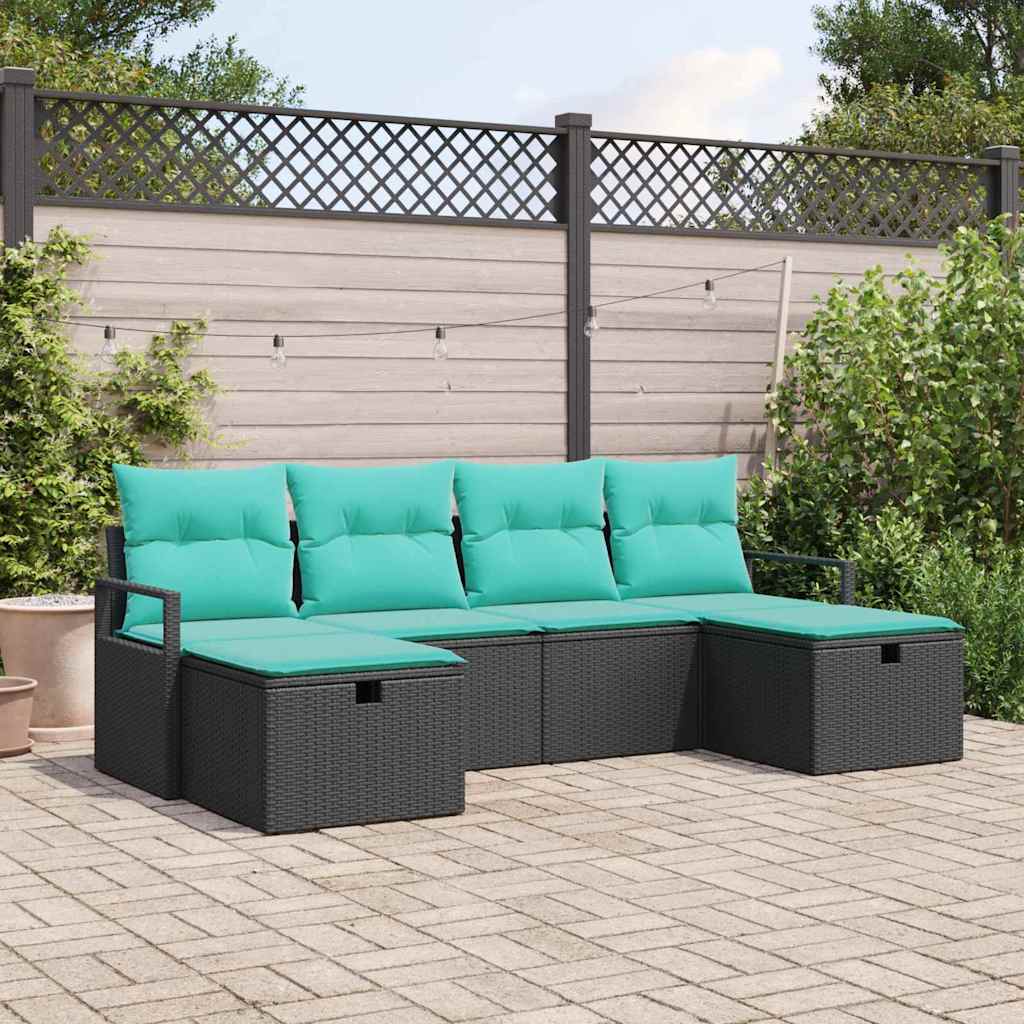 Sofa Sæt 6 stk. 6-Antal sæder Sort og turkis polyrattan