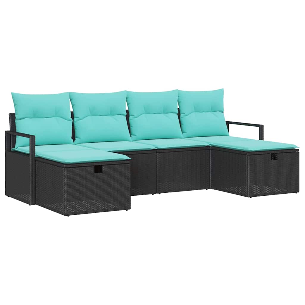 Sofa Sæt 6 stk. 6-Antal sæder Sort og turkis polyrattan