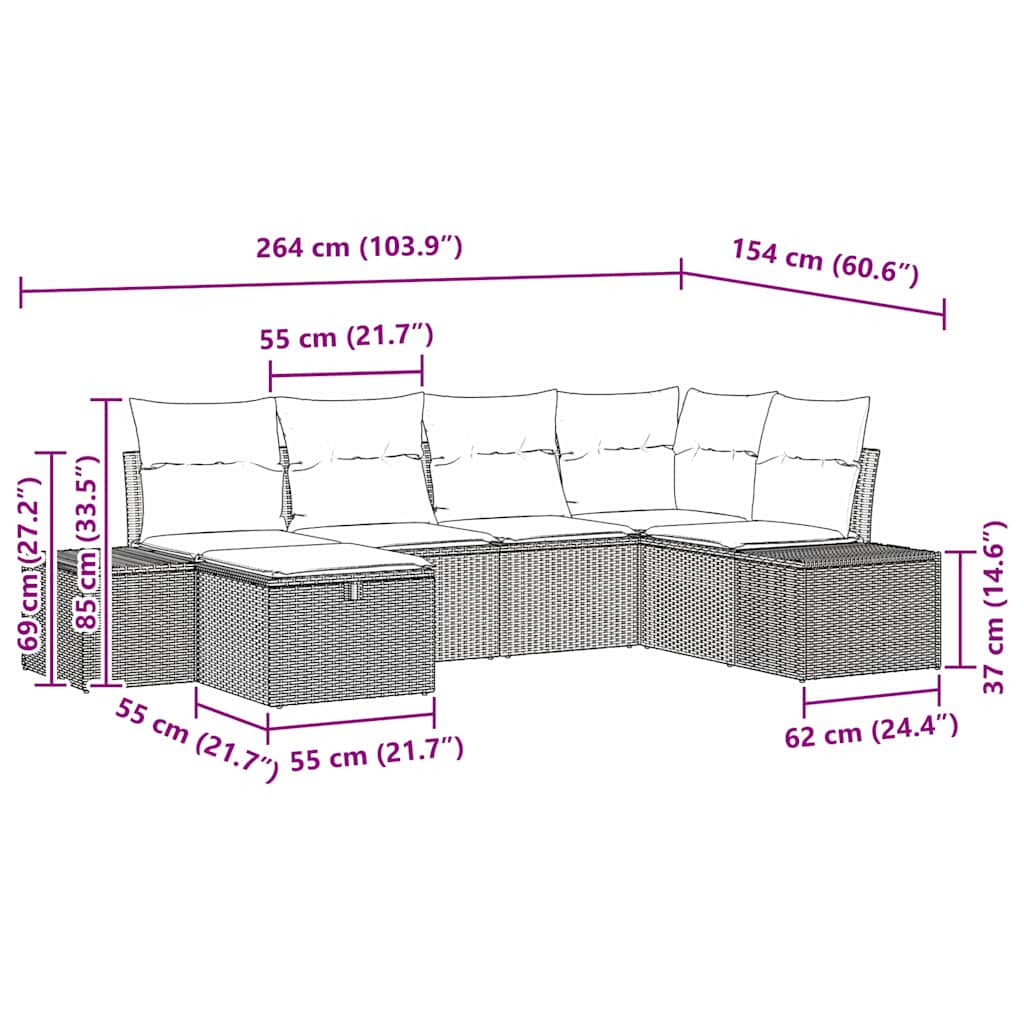 Havesofa Sæt 6 stk. Lysegrå polyrattan