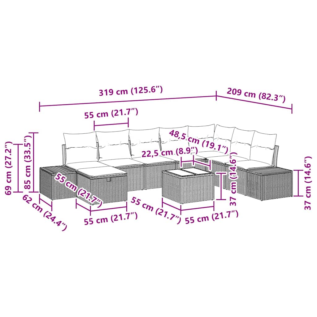 Havesofa Sæt 9 stk. Sort polyrattan