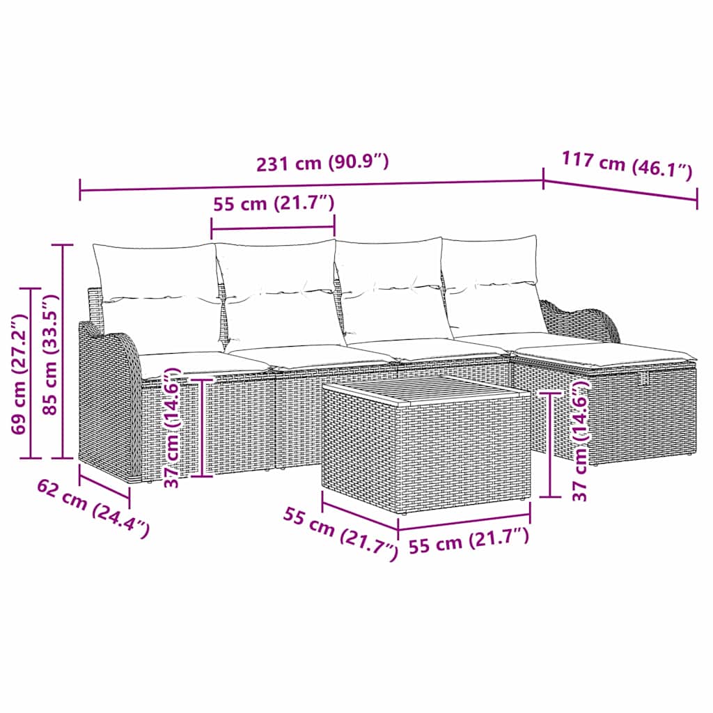 Havesofa Sæt 6 stk. Sort polyrattan