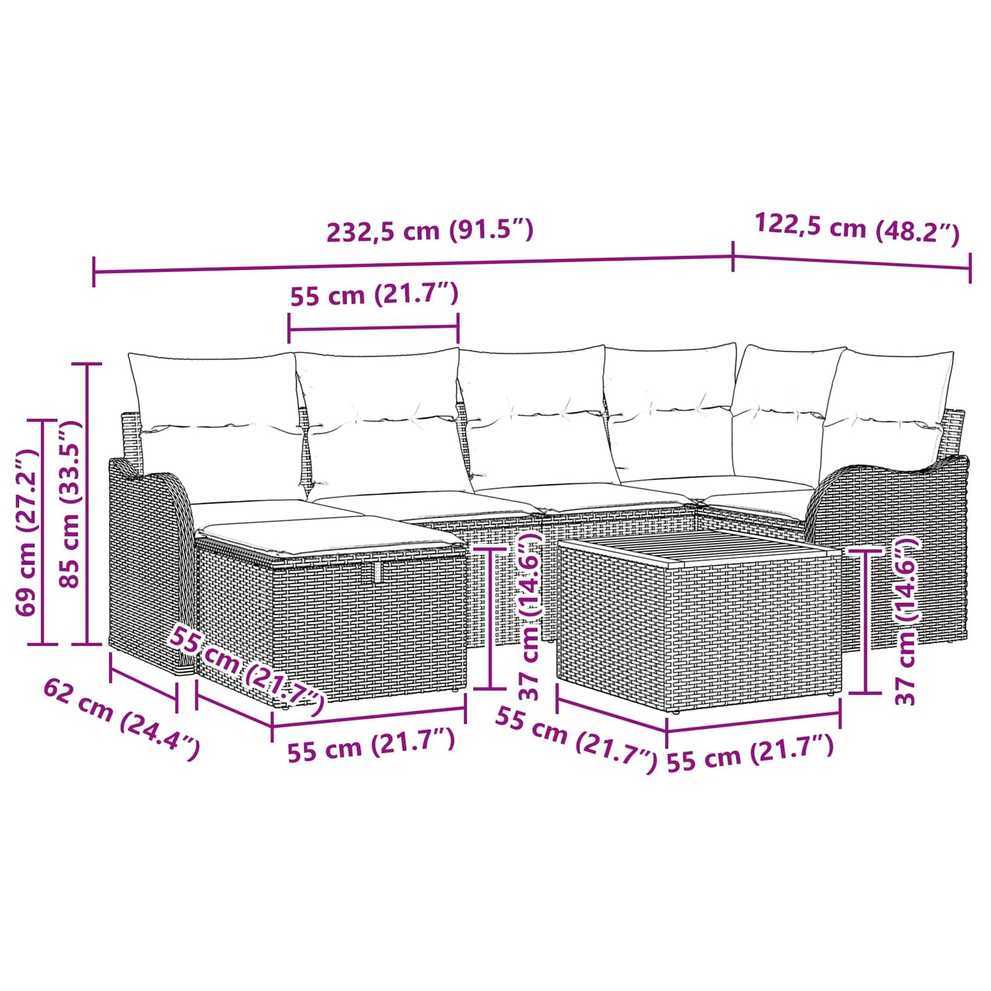 Havesofa Sæt 7 stk. Grå polyrattan