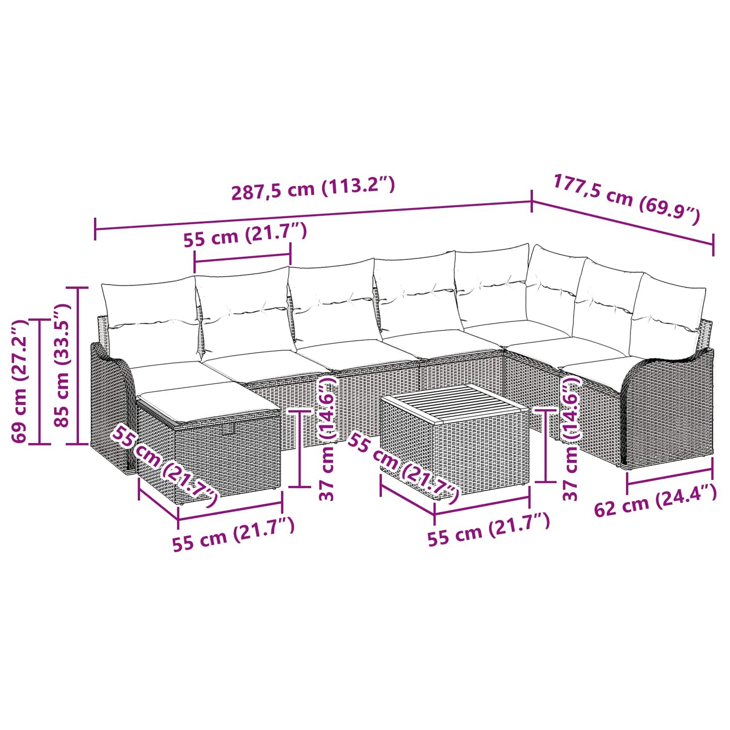 Havesofa Sæt 9 stk. Grå polyrattan