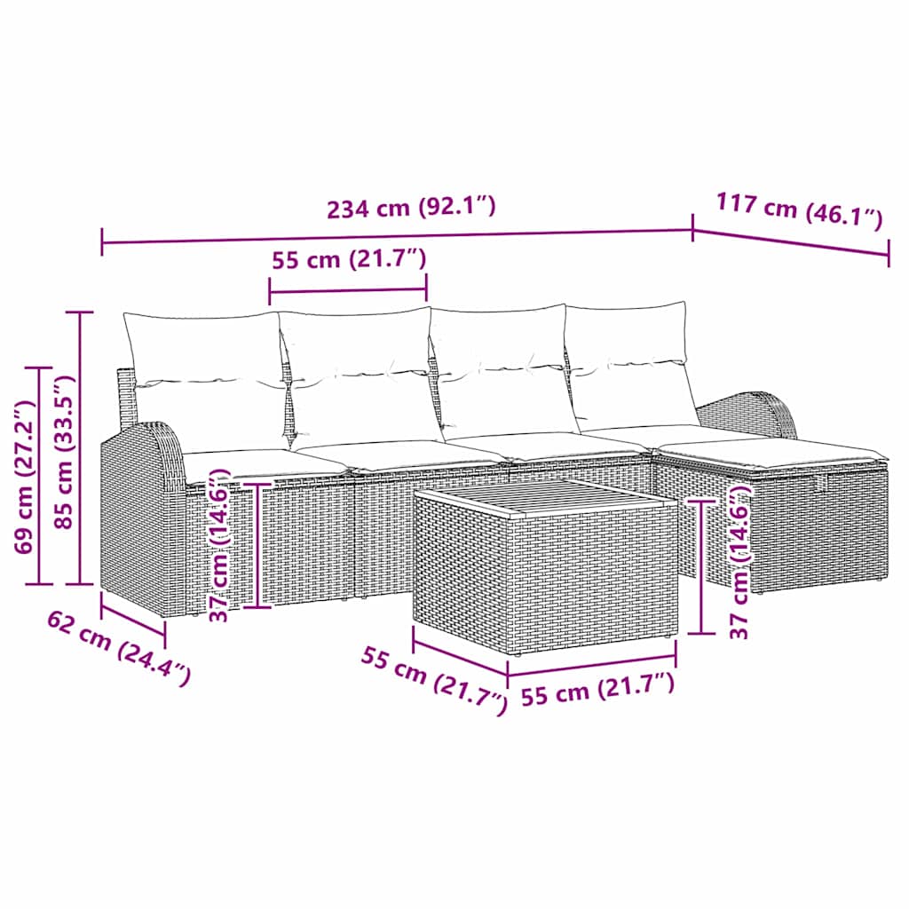 Havesofa Sæt 6 stk. Sort polyrattan