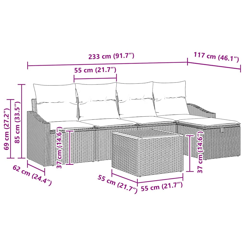 Havesofa Sæt 6 stk. Sort polyrattan