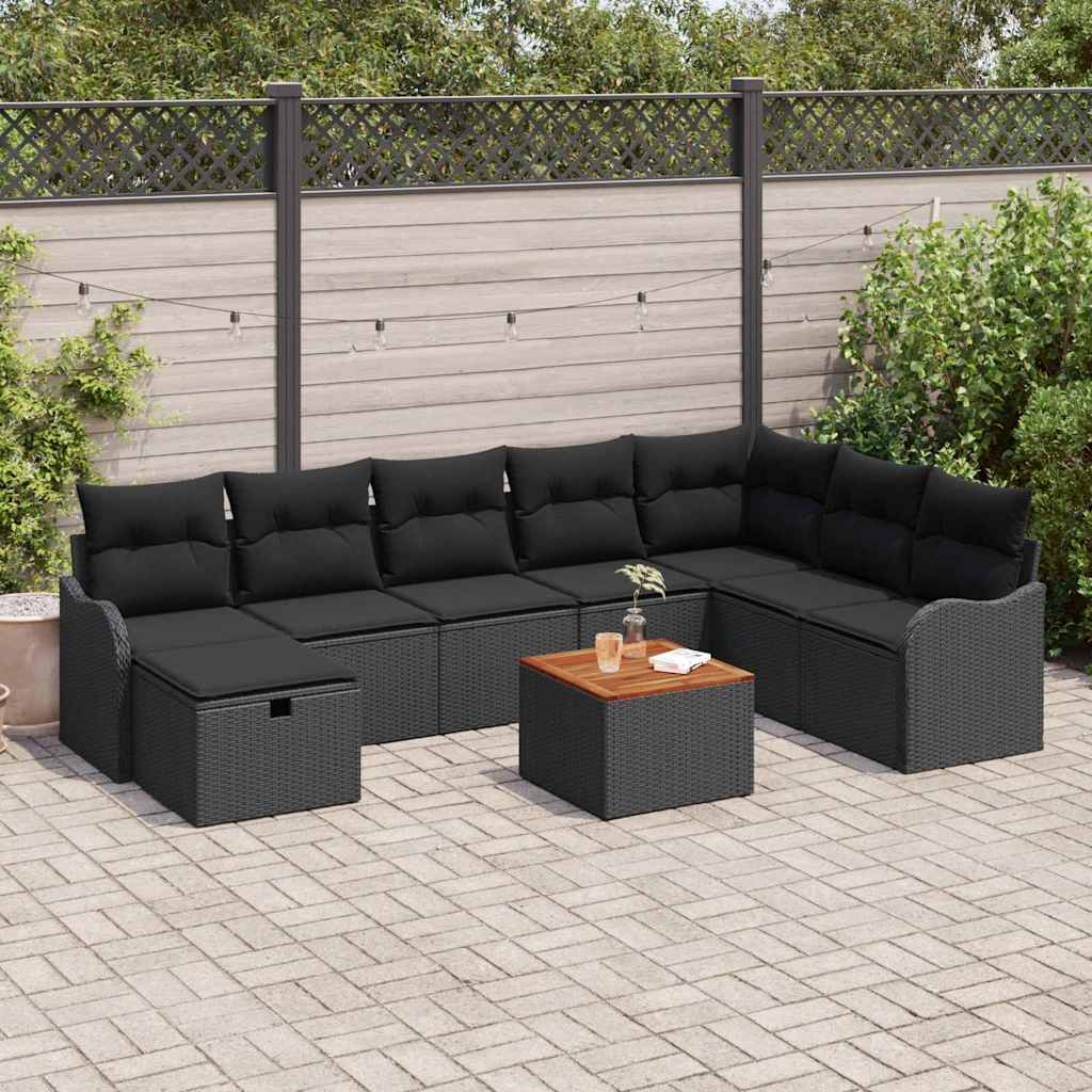 Havesofa Sæt 9 stk. Sort Poly rattan
