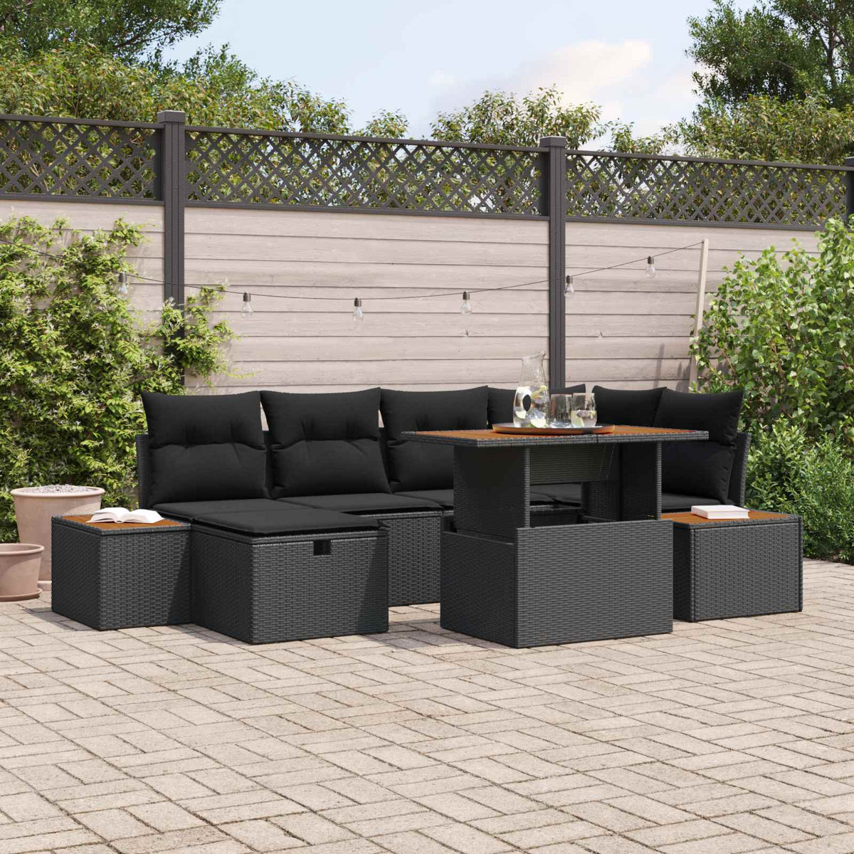 Havesofa Sæt 7 stk. Sort polyrattan