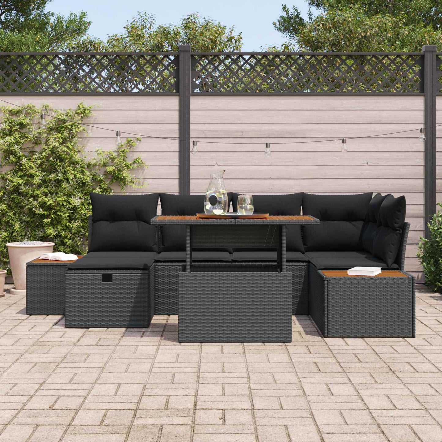 Havesofa Sæt 7 stk. Sort polyrattan