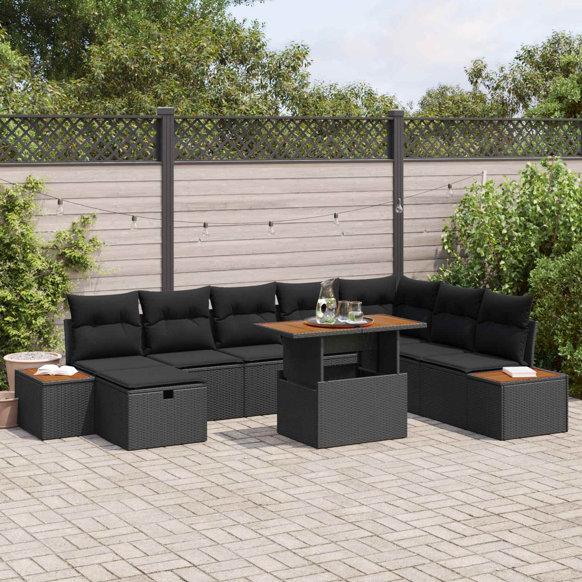 Havesofa Sæt 9 stk. Sort polyrattan