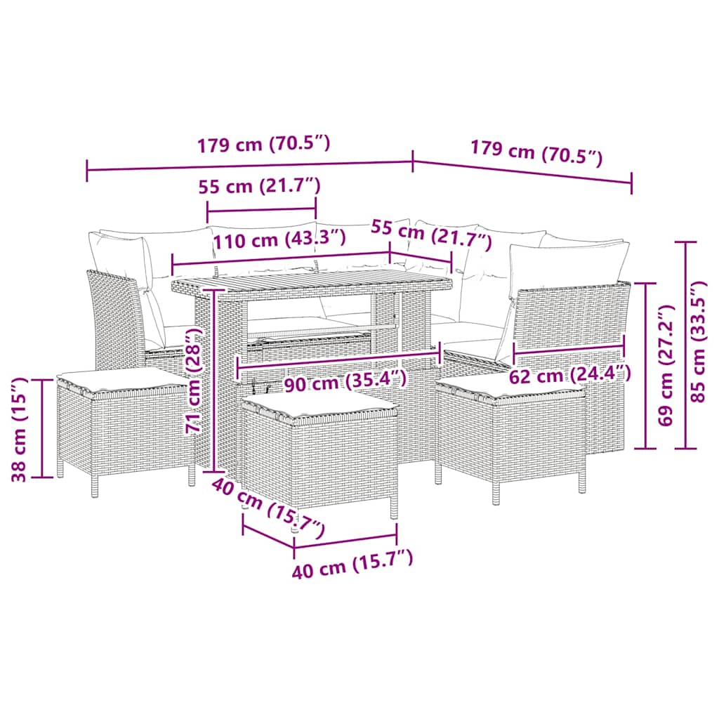 Havesofa Sæt 9 stk. Beige polyrattan