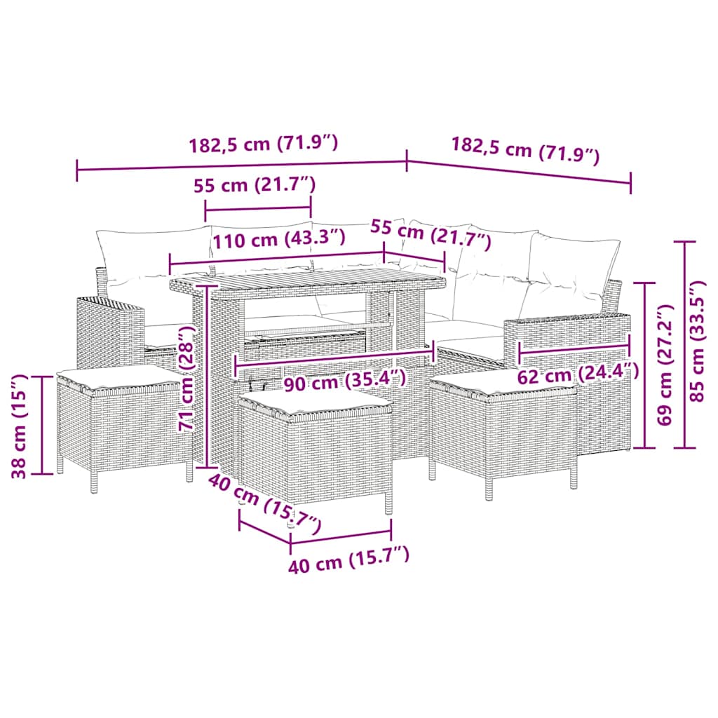 Havesofa Sæt 9 stk. Beige polyrattan