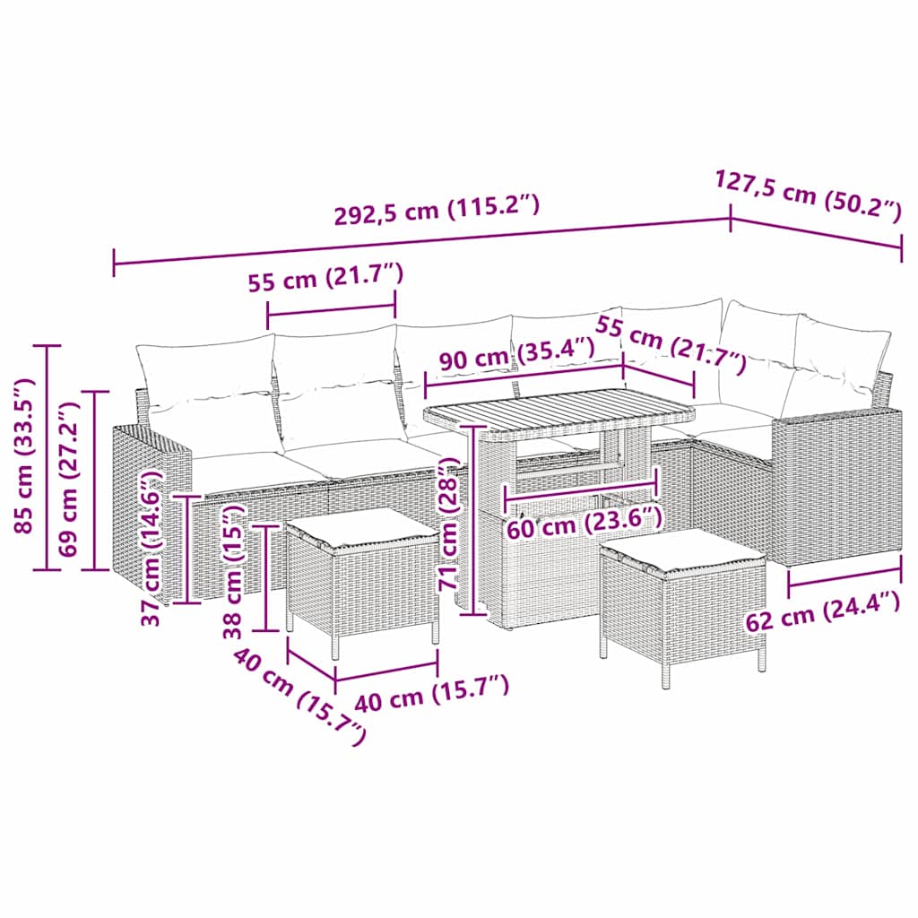 Havesofa Sæt 9 stk. Beige polyrattan