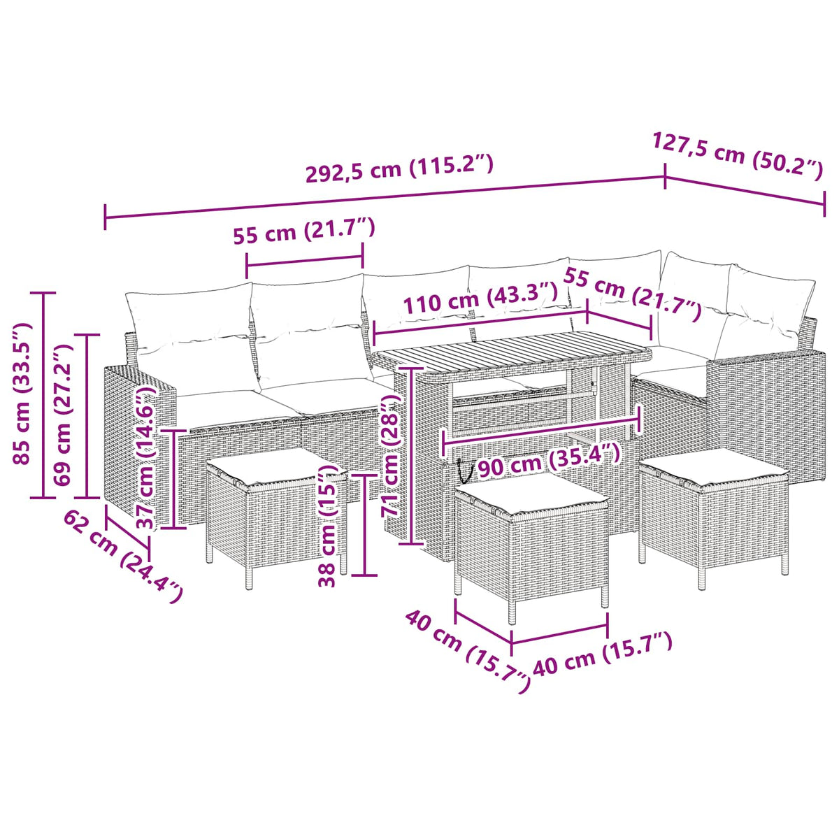 Havesofa Sæt 10 stk. Sort polyrattan