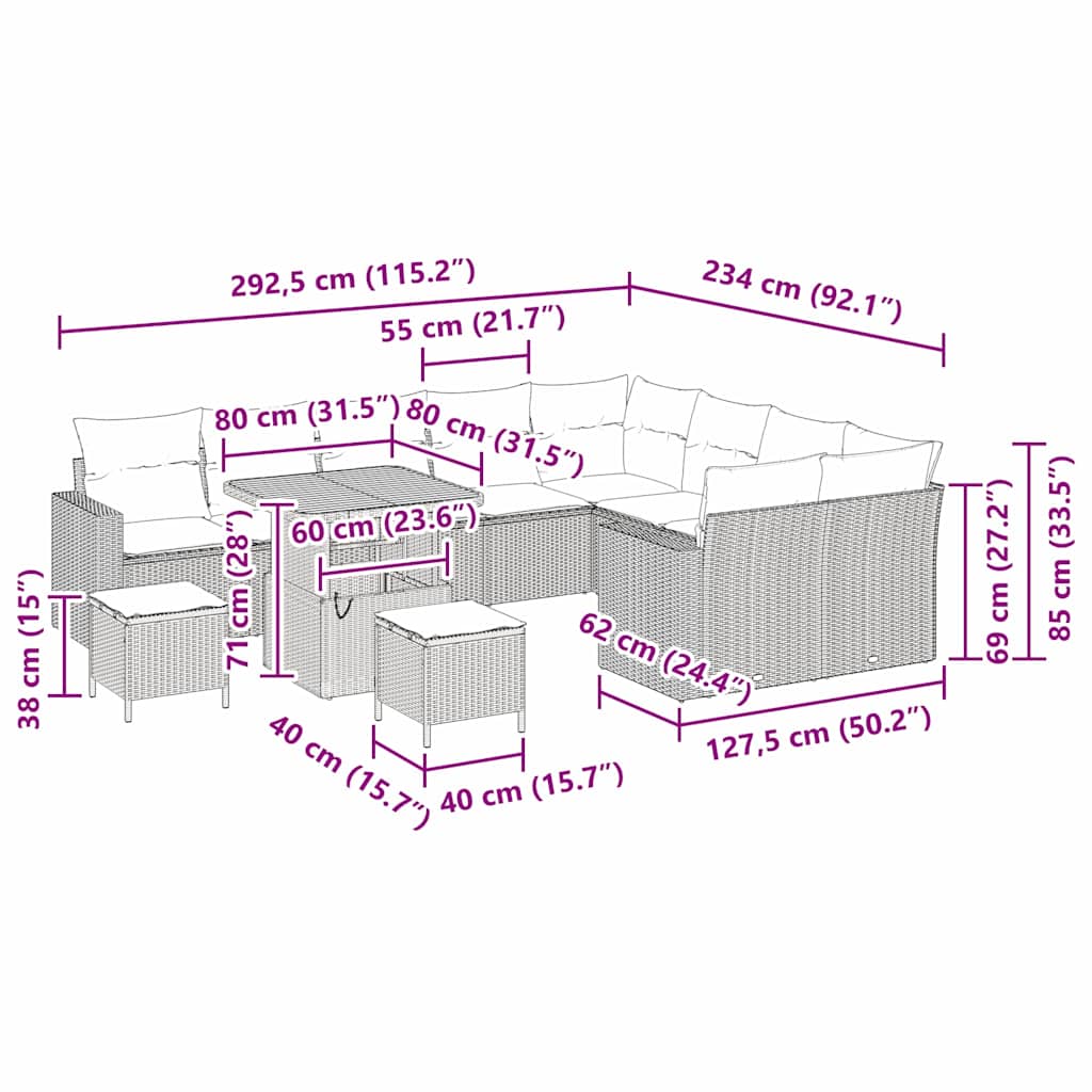 Havesofa Sæt 12 stk. Sort polyrattan