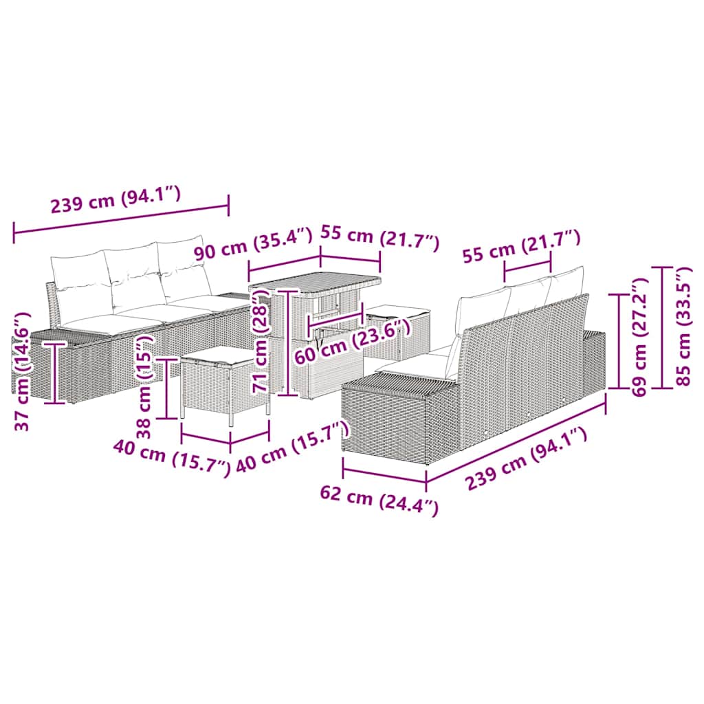 Havesofa Sæt 9 stk. Beige polyrattan