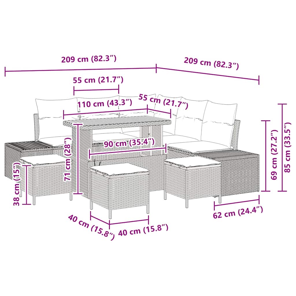 Havesofa Sæt 9 stk. Beige polyrattan