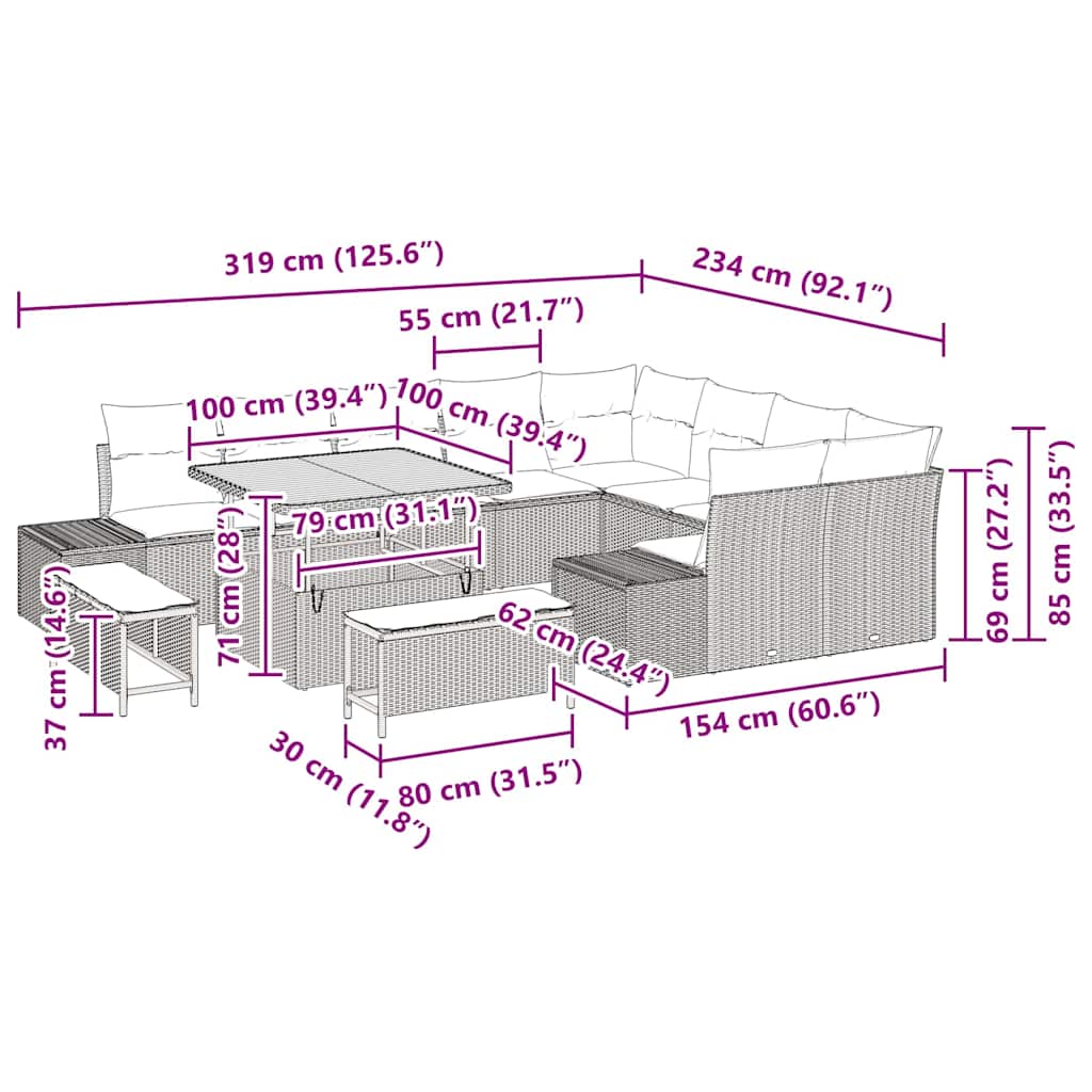 Havesofa Sæt 12 stk. Beige polyrattan