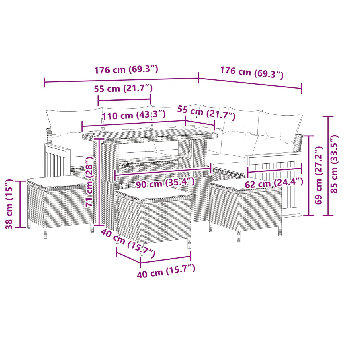 Havesofa Sæt 9 stk. 9-Antal sæder Beige og creme