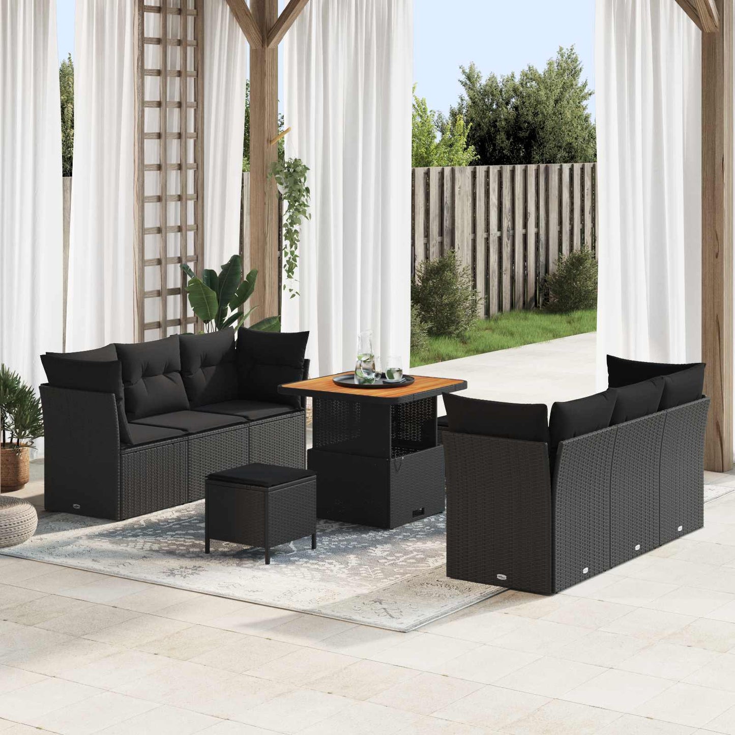 Havesofa Sæt med pude 9 pcs Sort polyrattan