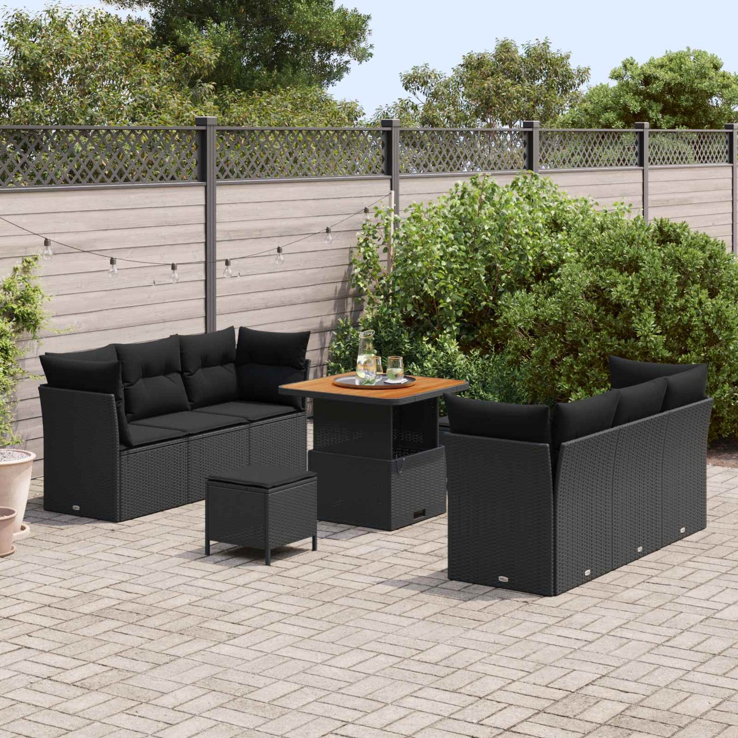 Havesofa Sæt med pude 9 pcs Sort polyrattan