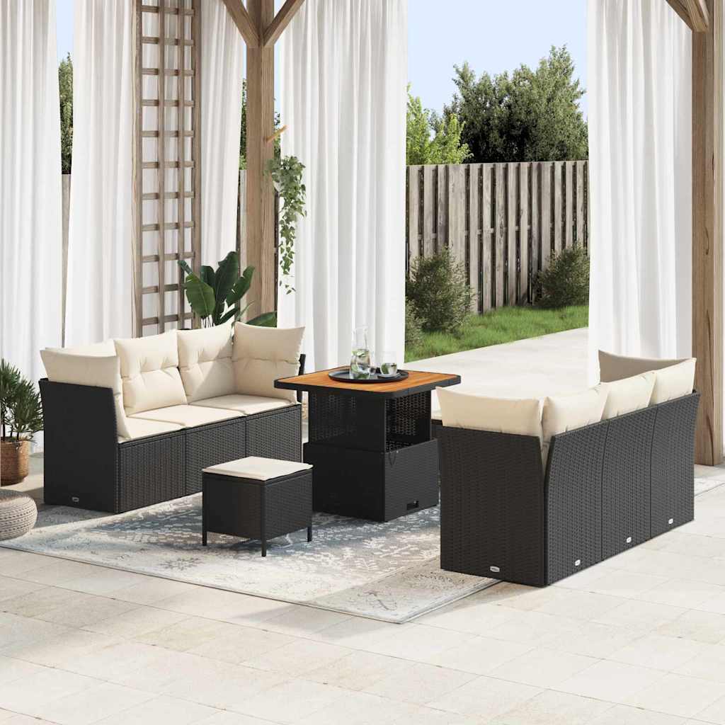 Havesofa Sæt med pude 9 pcs Sort og Cream polyrattan