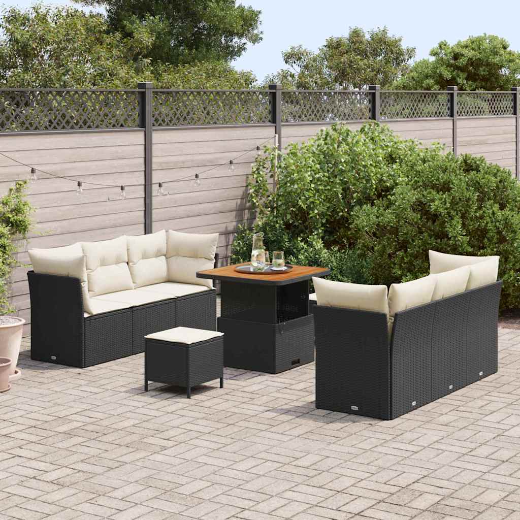 Havesofa Sæt med pude 9 pcs Sort og Cream polyrattan