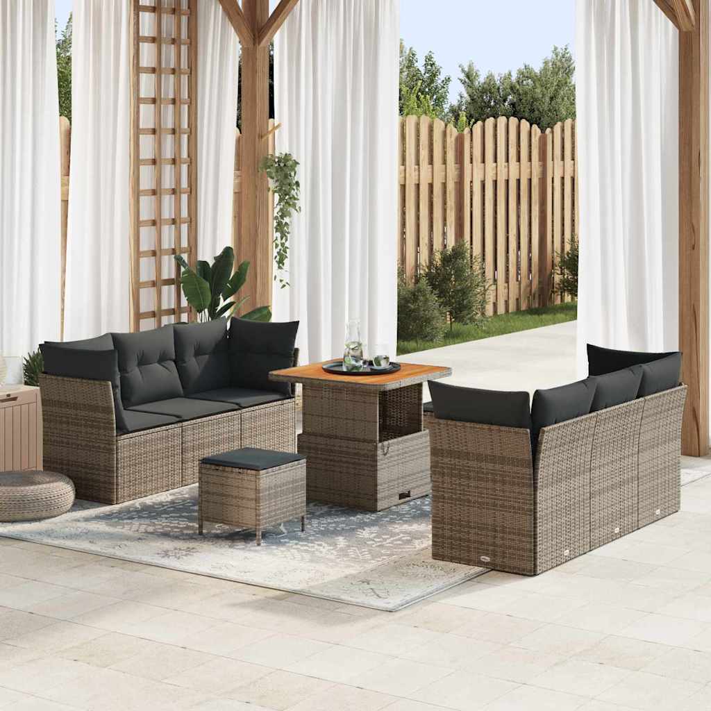 Havesofa Sæt med pude 9 pcs Grå polyrattan