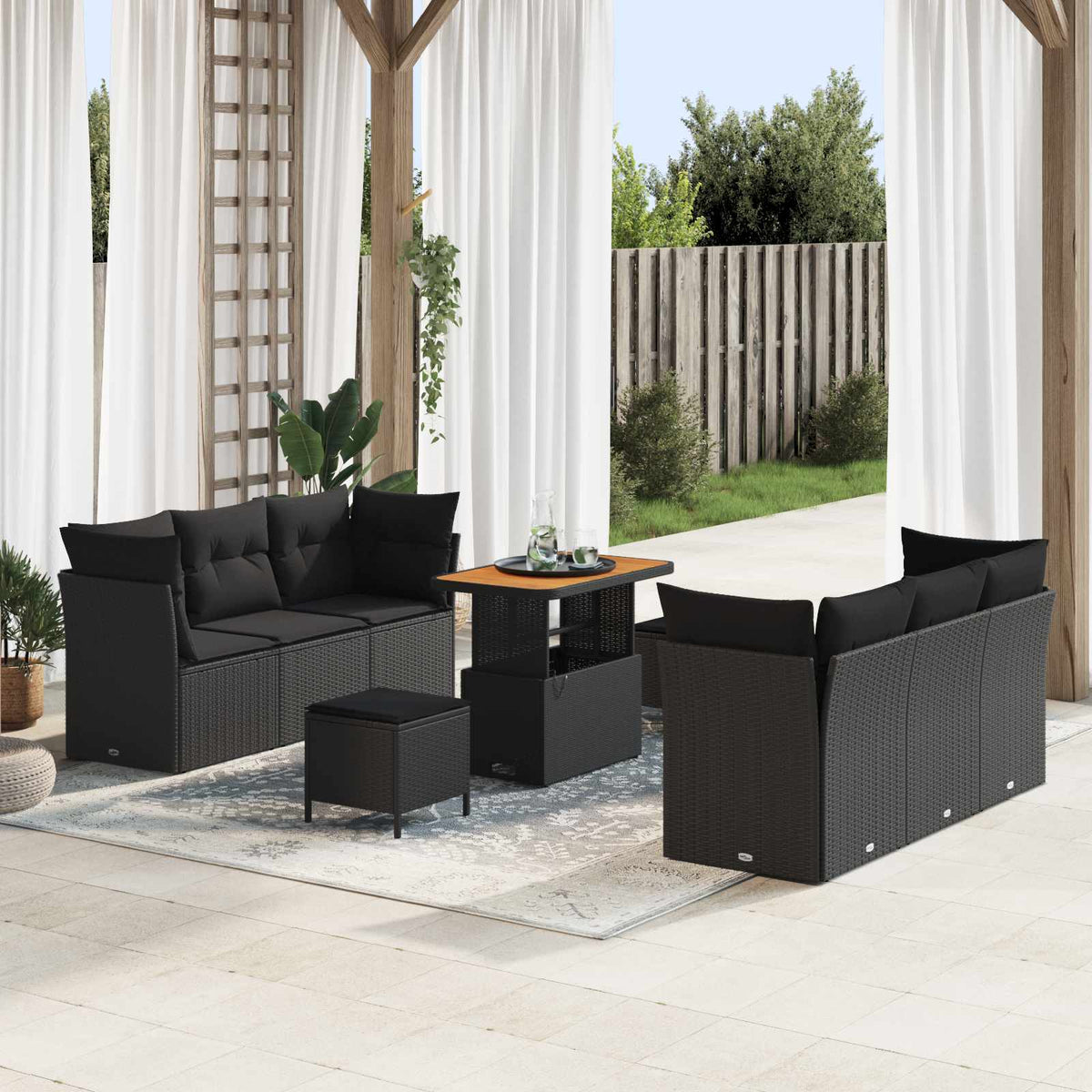 Havesofa Sæt med pude 9 pcs Sort polyrattan