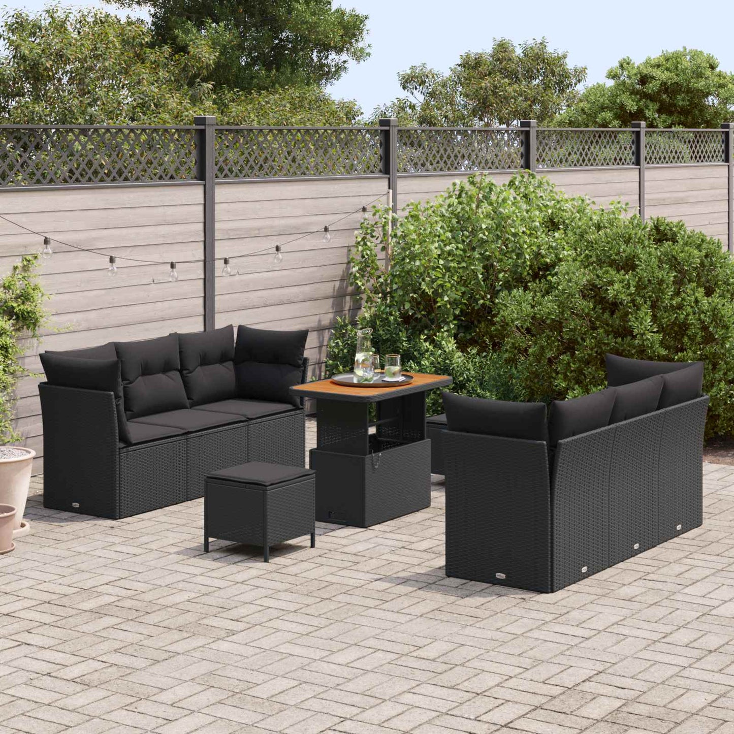 Havesofa Sæt med pude 9 pcs Sort polyrattan