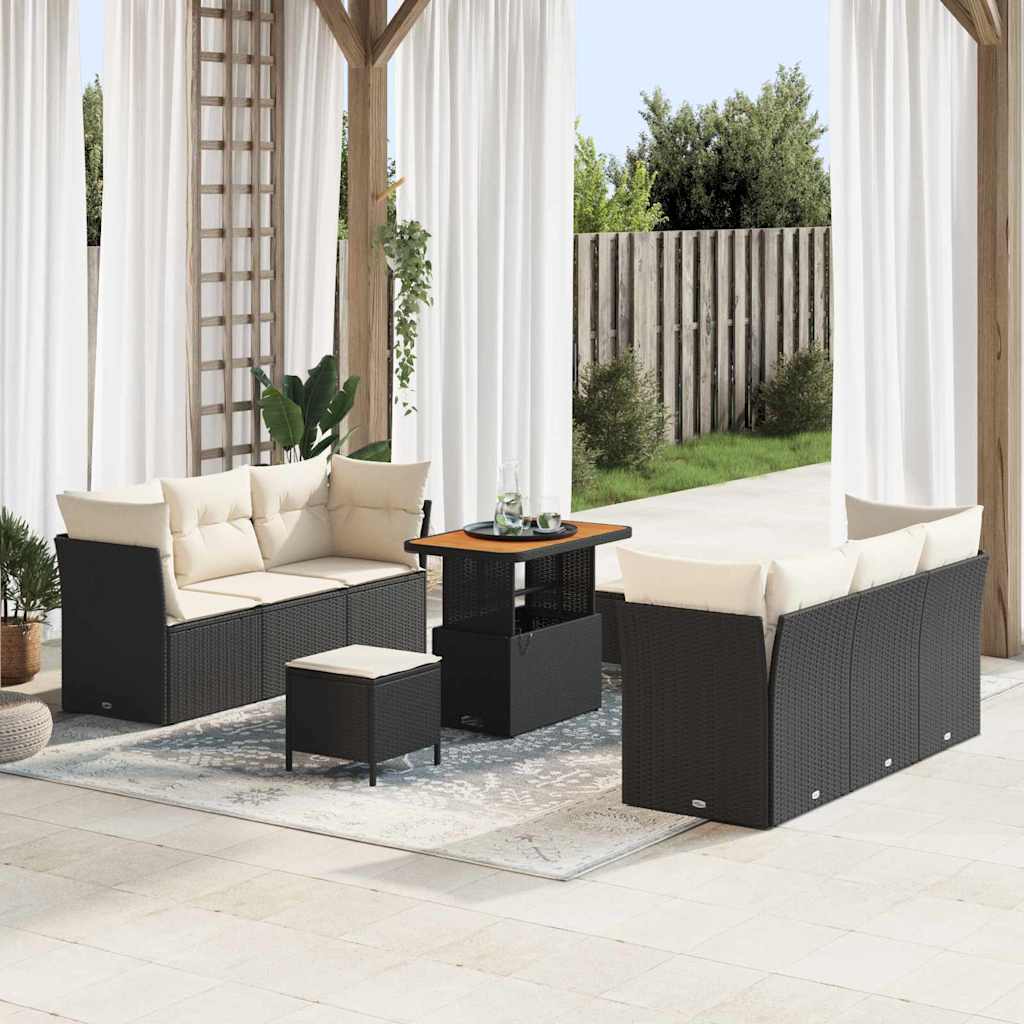 Havesofa Sæt med pude 9 pcs Sort og Cream polyrattan