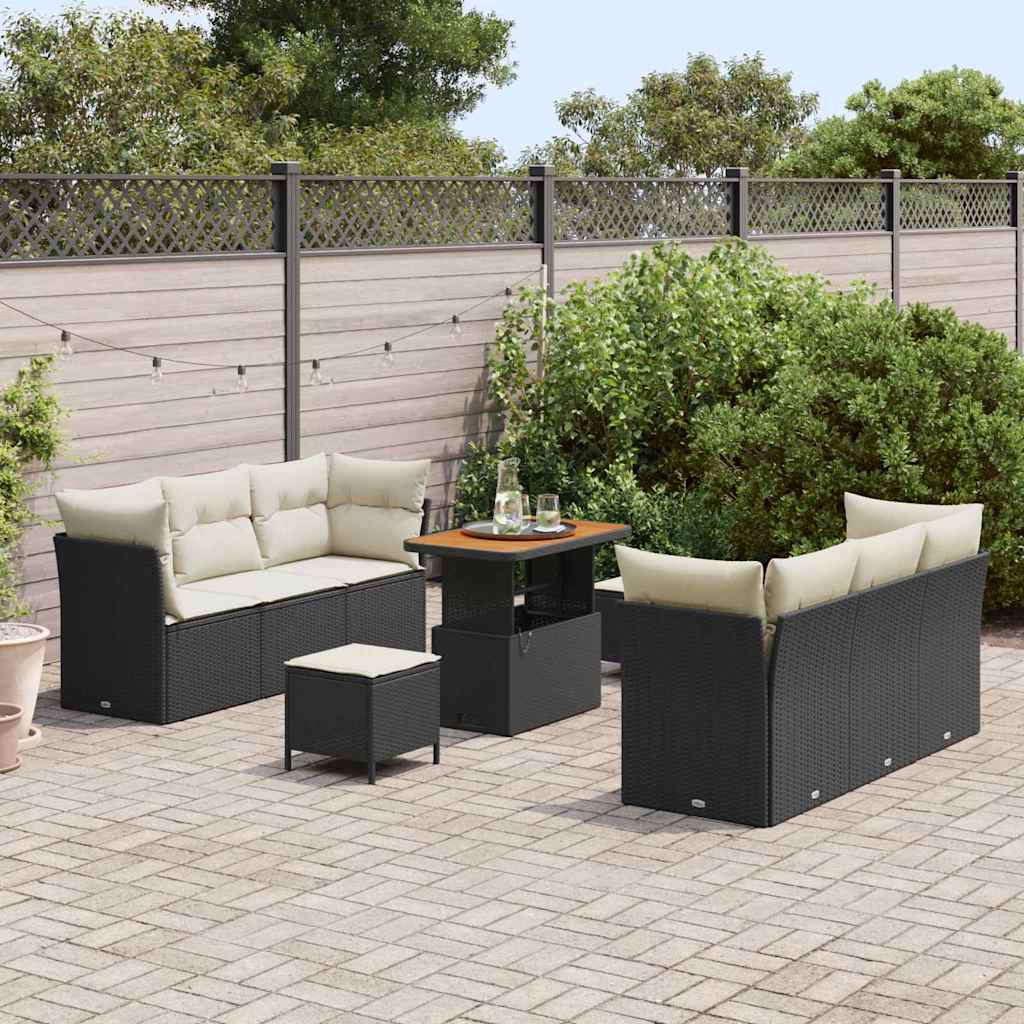 Havesofa Sæt med pude 9 pcs Sort og Cream polyrattan