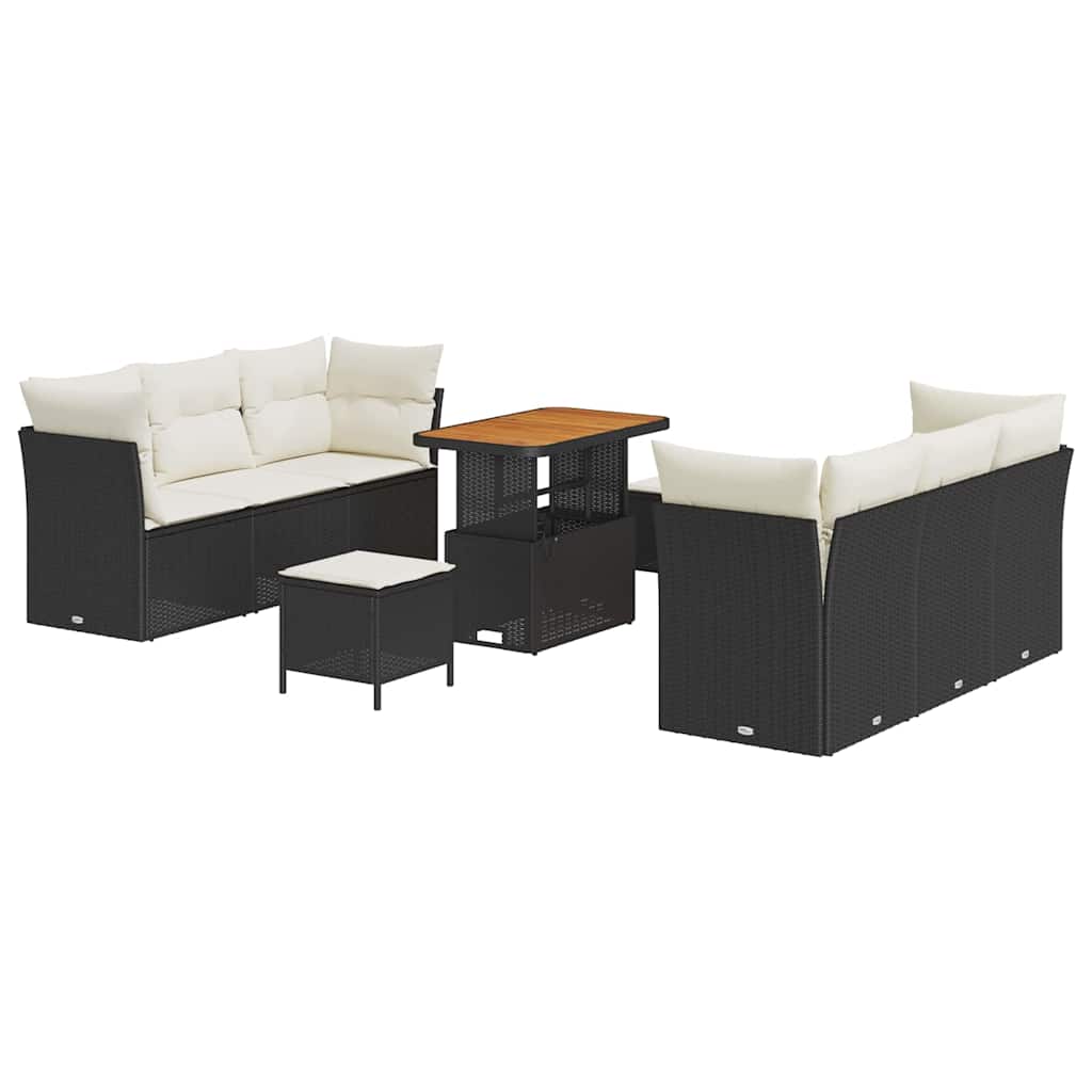 Havesofa Sæt med pude 9 pcs Sort og Cream polyrattan