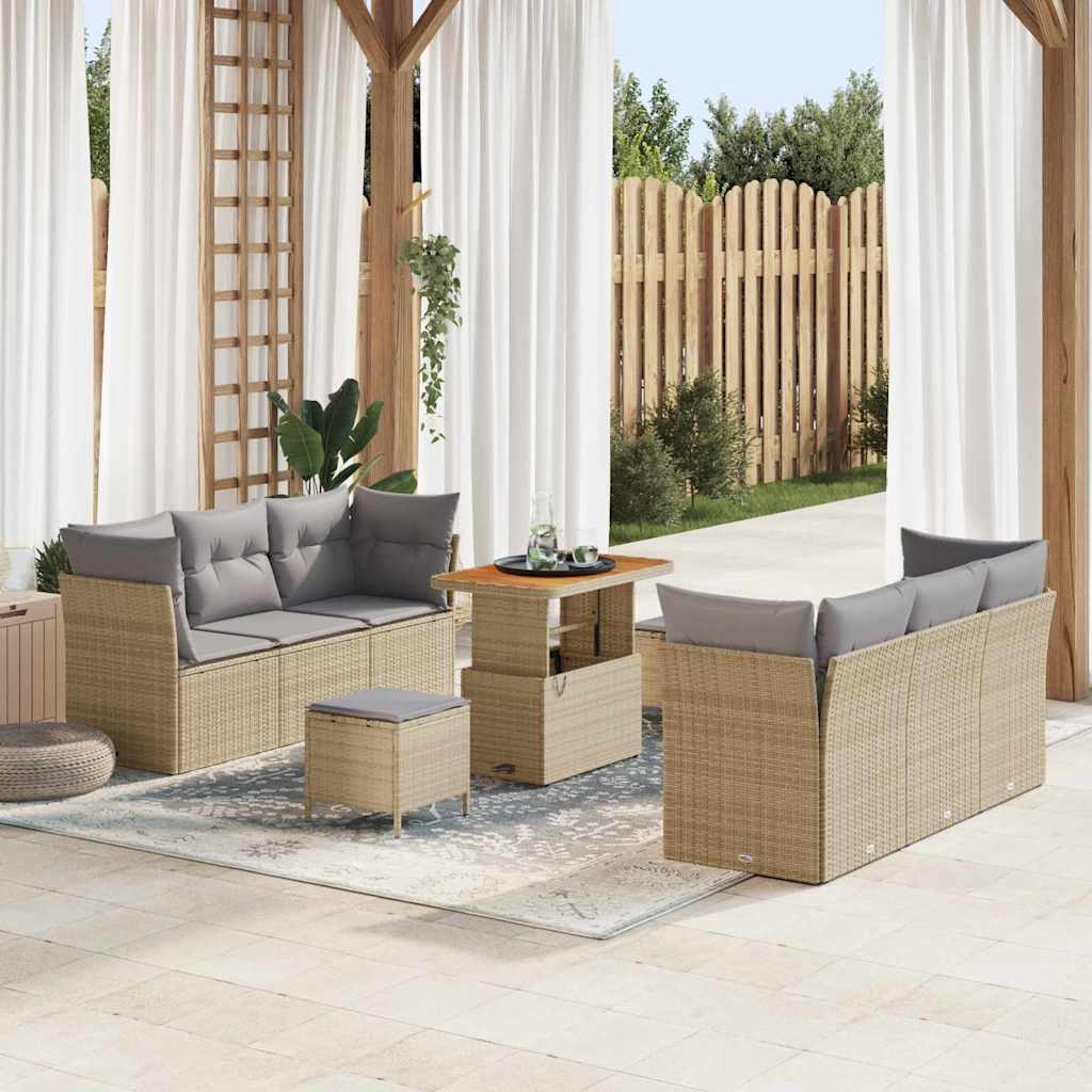 Havesofa Sæt med pude 9 pcs Beige og lys grå polyrattan