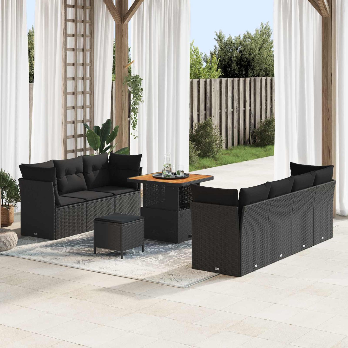 Havesofa Sæt 10 pcs Sort Polyrattan og pulverlakeret stål