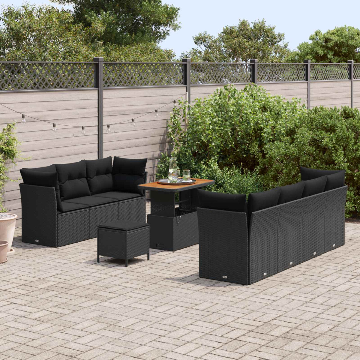 Havesofa Sæt 10 pcs Sort Polyrattan og pulverlakeret stål