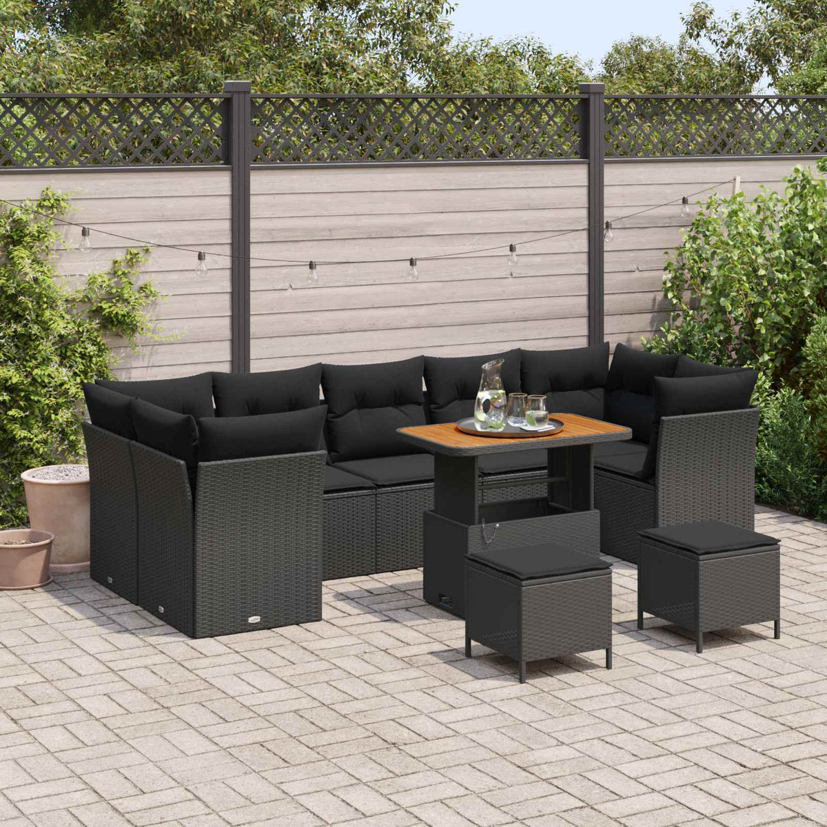 Havesofa Sæt 10 stk. 7-Antal sæder Sort polyrattan