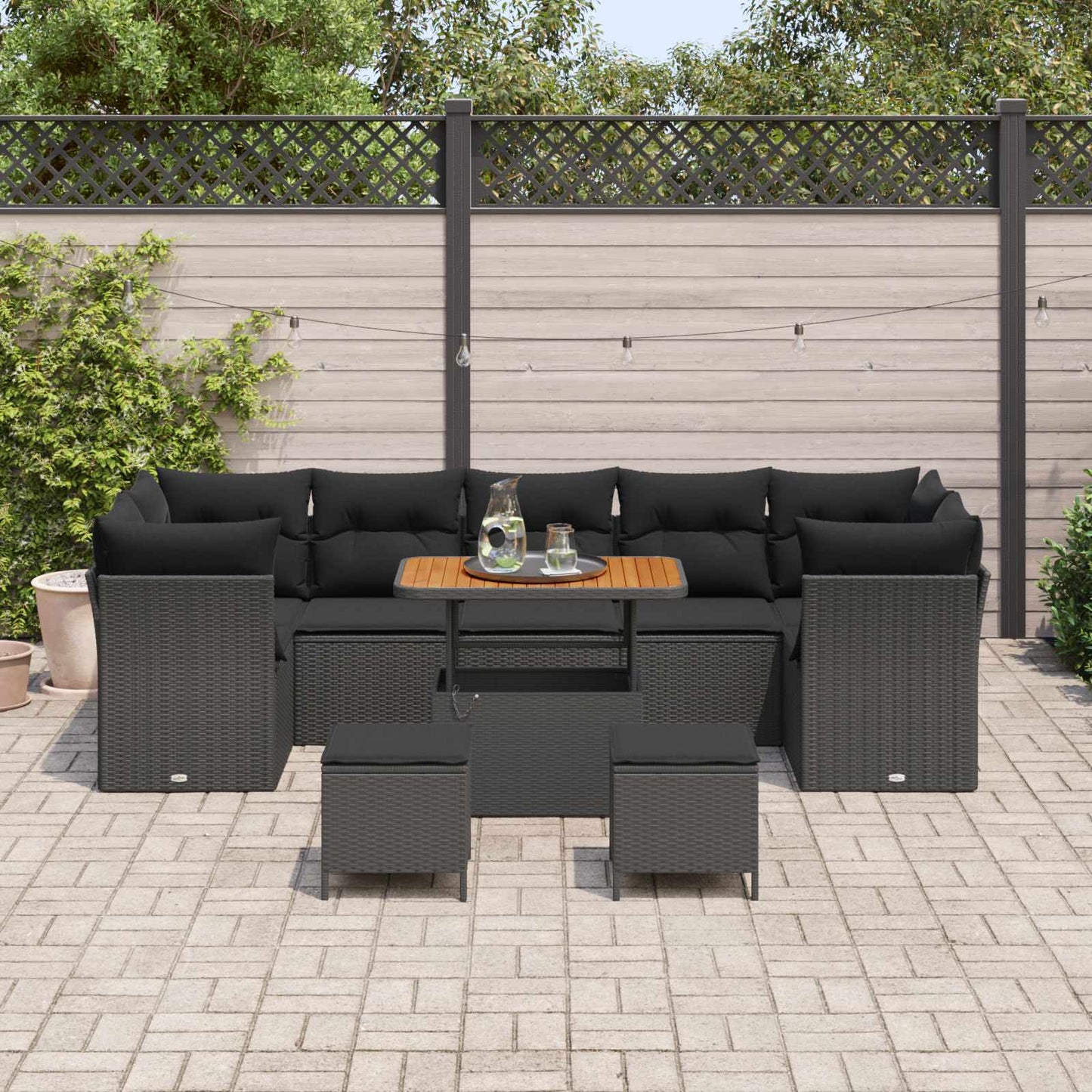 Havesofa Sæt 10 stk. 7-Antal sæder Sort polyrattan