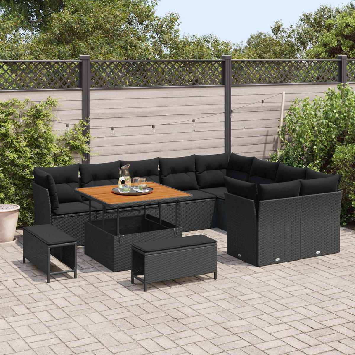 Havesofa Sæt 12 stk. 9-Antal sæder Sort polyrattan