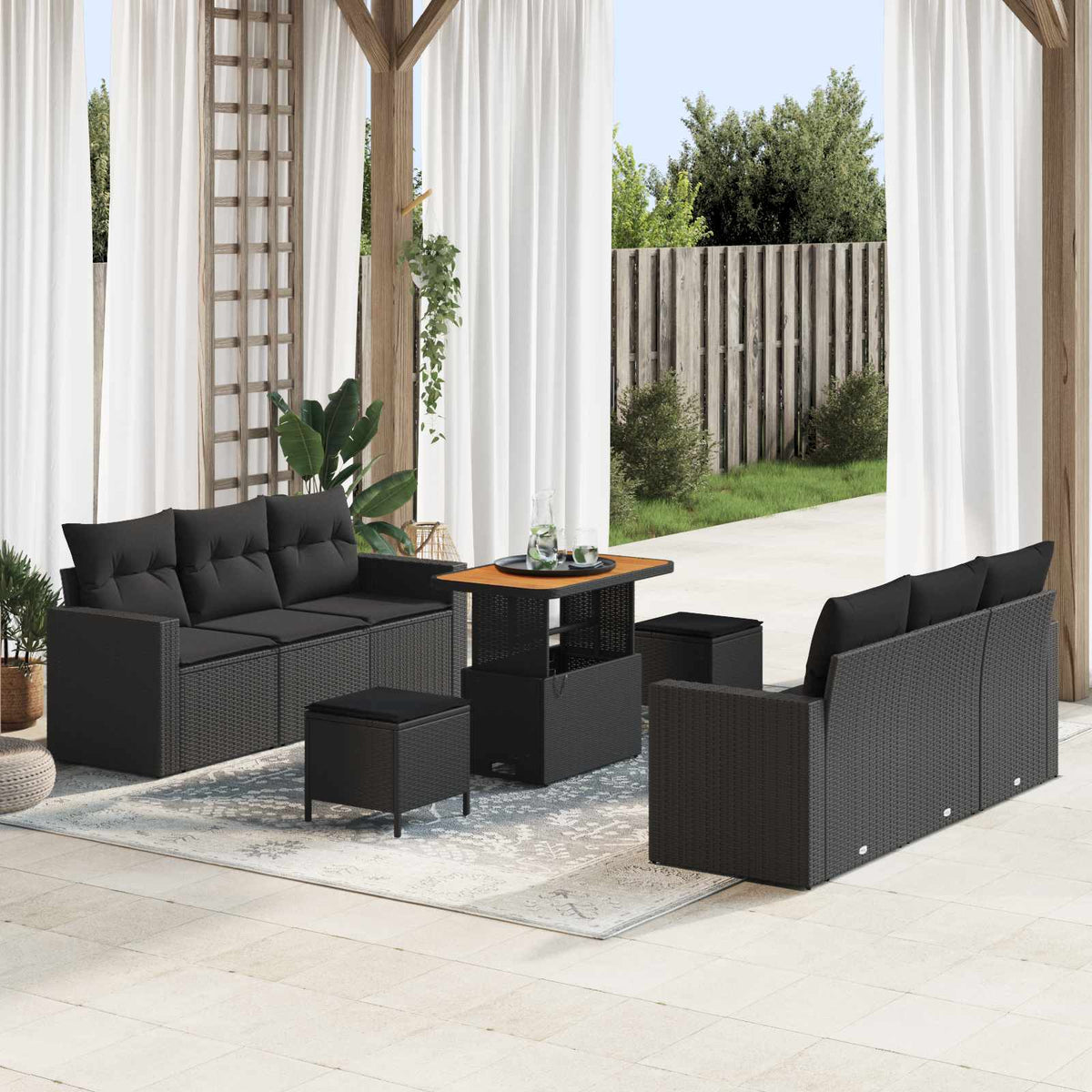 Havesofa Sæt 9 stk. 6-Antal sæder Sort polyrattan