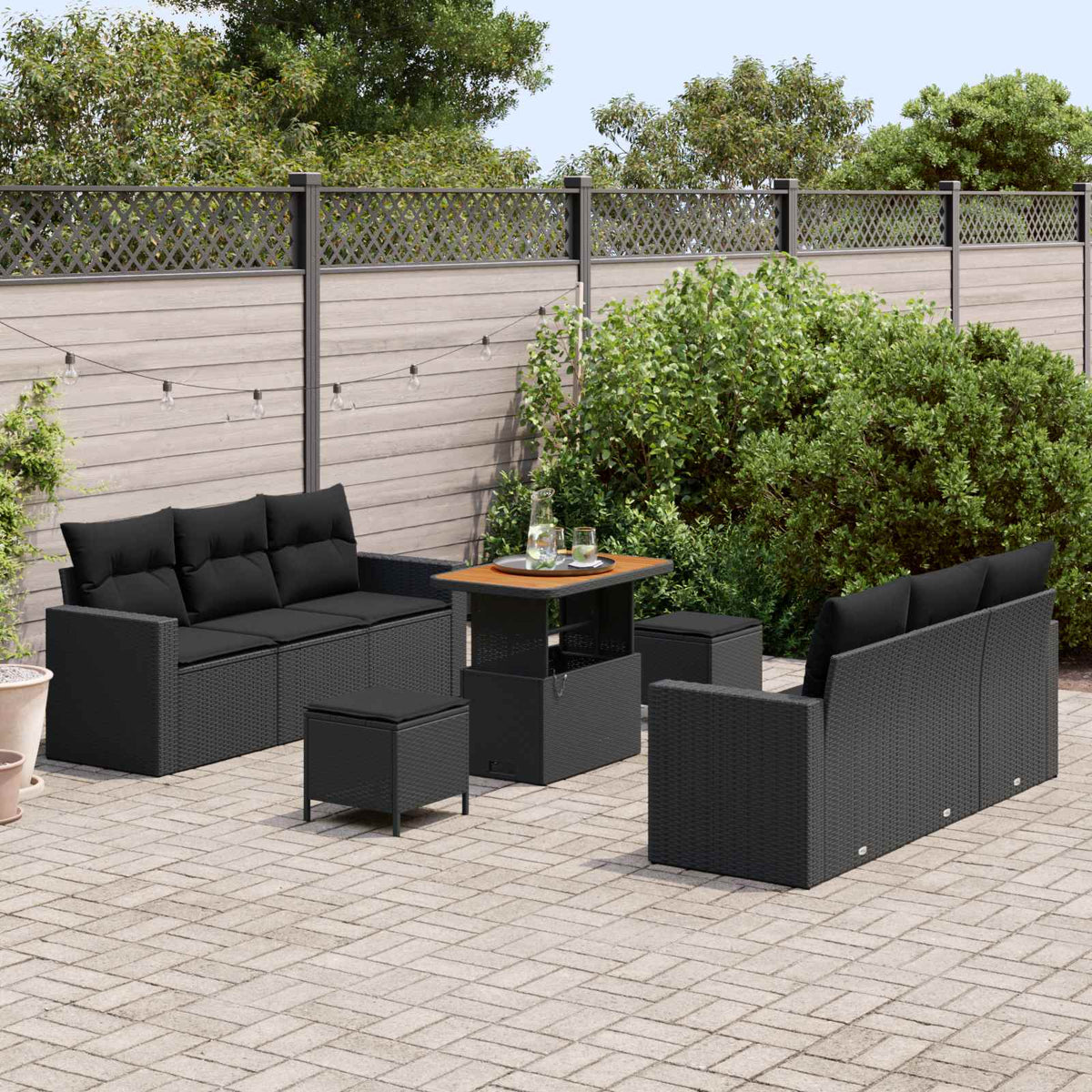 Havesofa Sæt 9 stk. 6-Antal sæder Sort polyrattan