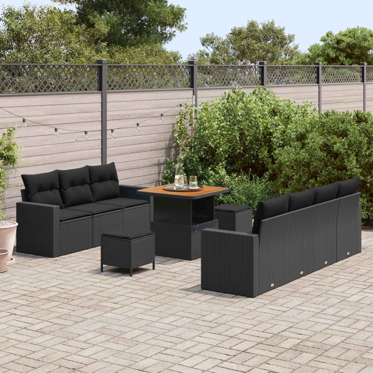 Havesofa Sæt 10 stk. 7-Antal sæder Sort polyrattan