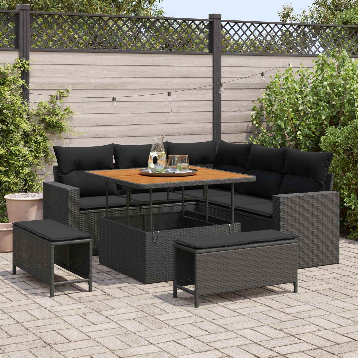Havesofa Sæt 9 stk. 6-Antal sæder Sort polyrattan