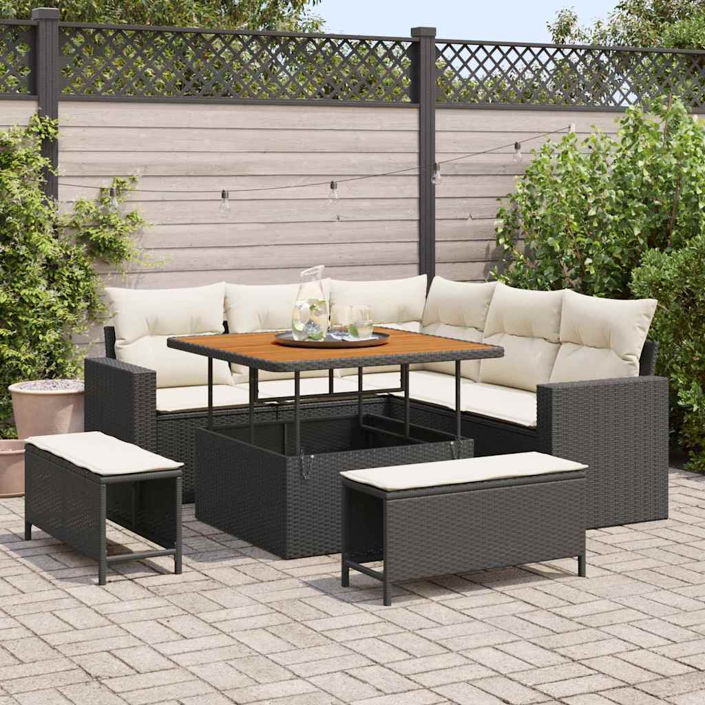Havesofa Sæt 9 stk. 6-Antal sæder Sort og Cream polyrattan