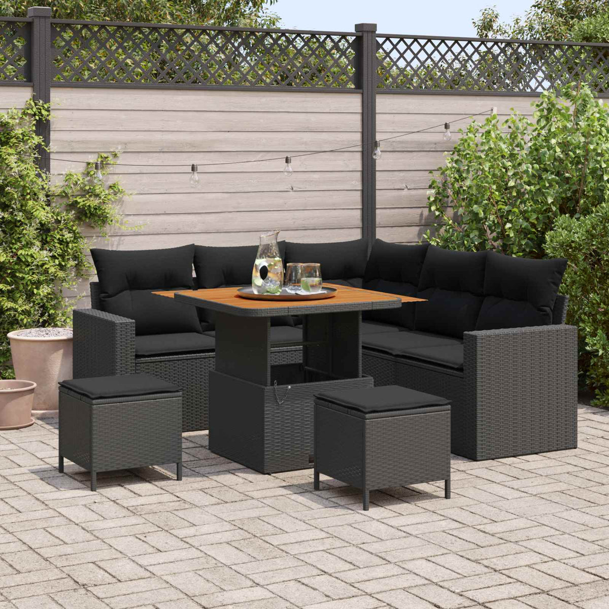 Havesofa Sæt 9 stk. 6-Antal sæder Sort polyrattan