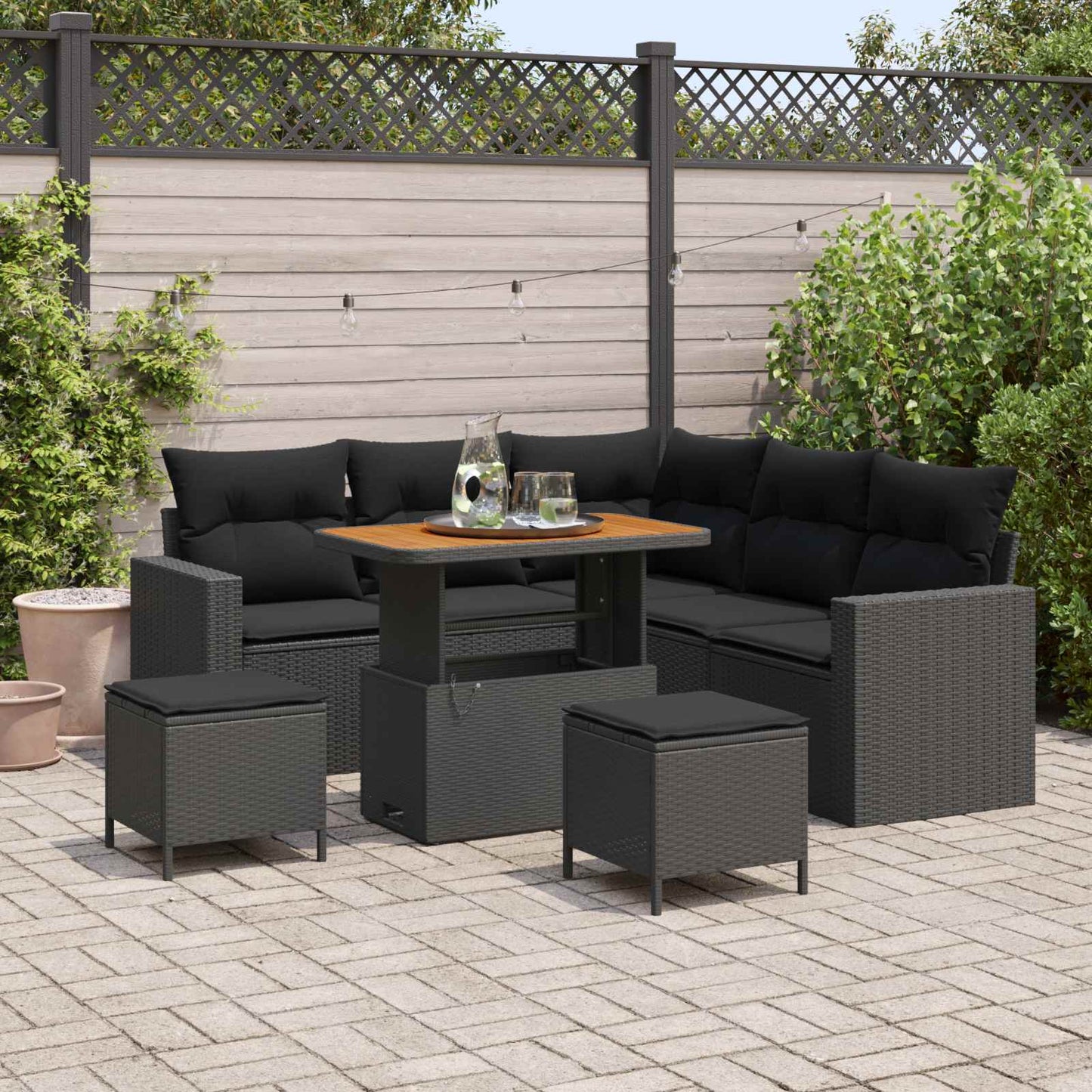 Havesofa Sæt 9 stk. 6-Antal sæder Sort polyrattan