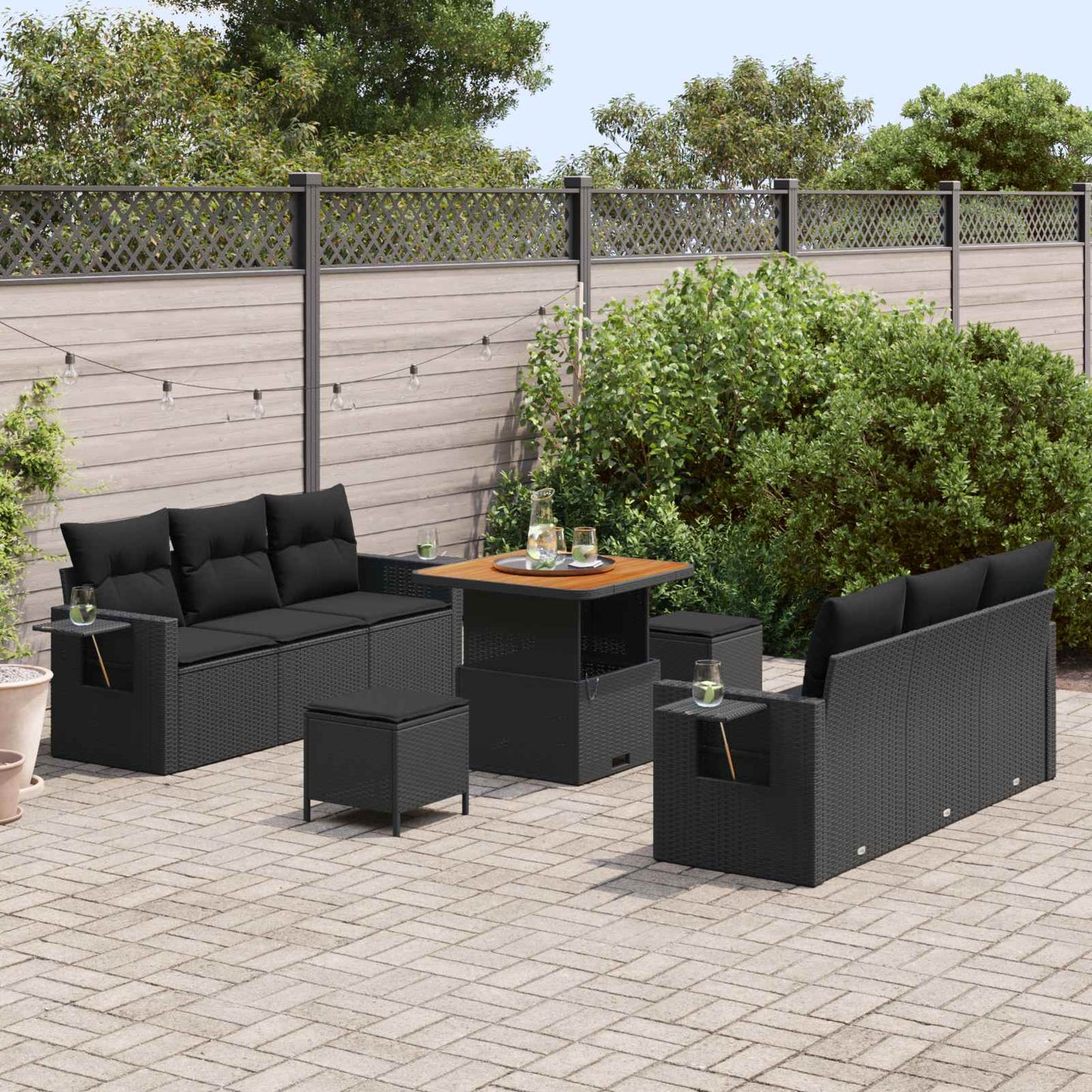 Havesofa Sæt 9 stk. 6-Antal sæder Sort polyrattan