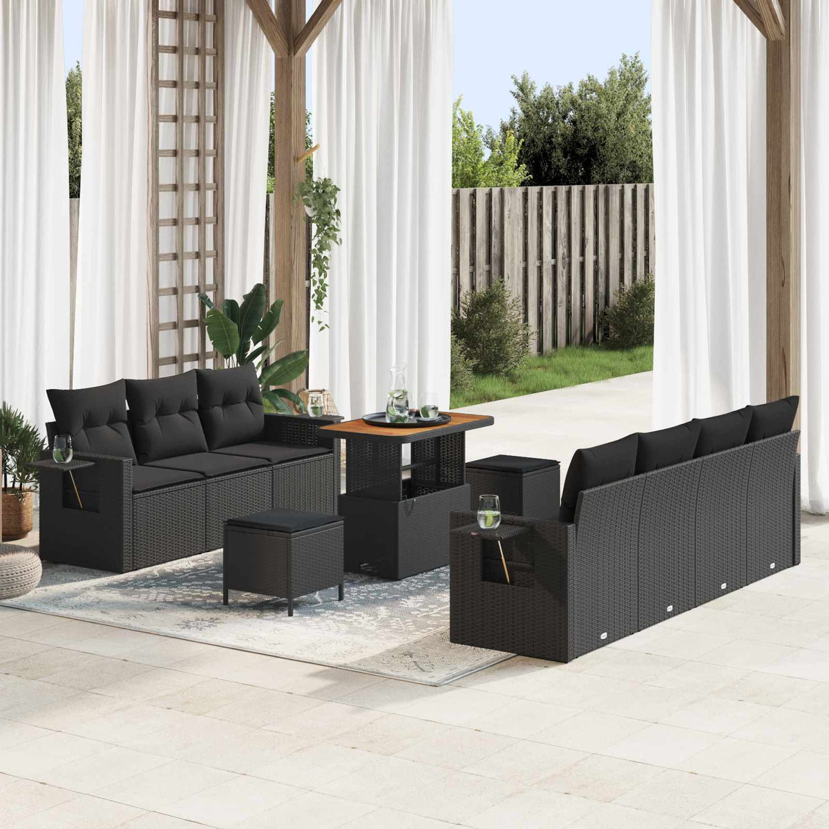 Havesofa Sæt 10 stk. 7-Antal sæder Sort polyrattan
