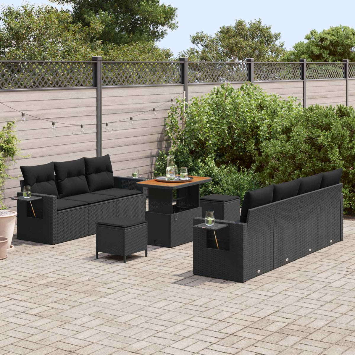 Havesofa Sæt 10 stk. 7-Antal sæder Sort polyrattan