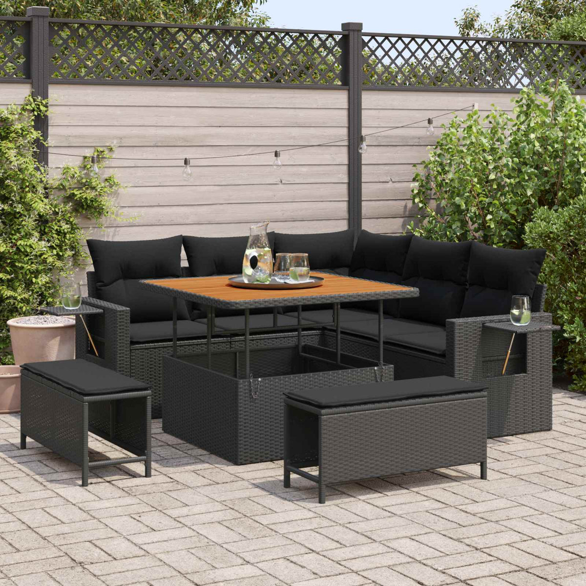 Havesofa Sæt 9 stk. 8-Antal sæder Sort polyrattan
